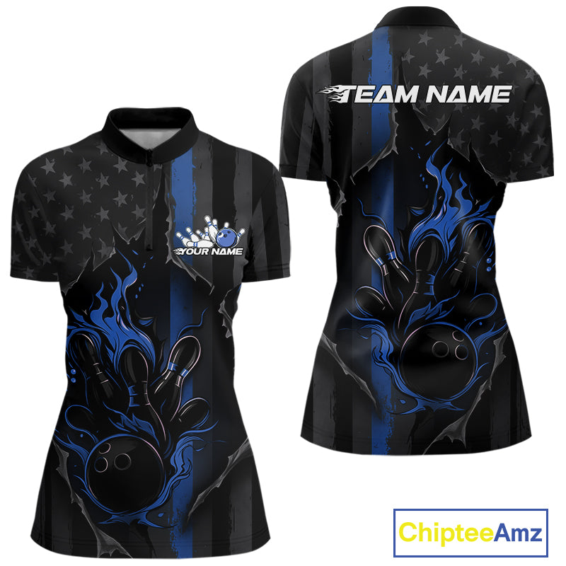 Custom Blue Thin Line American Flag Patriotic Flame Women Bowling Team Shirts IPHW10180