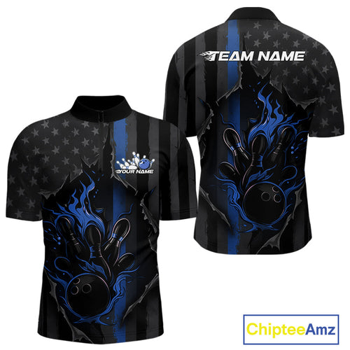 Custom Blue Thin Line American Flag Patriotic Flame Bowling Team Men Quarter-Zip Shirts IPHW10180