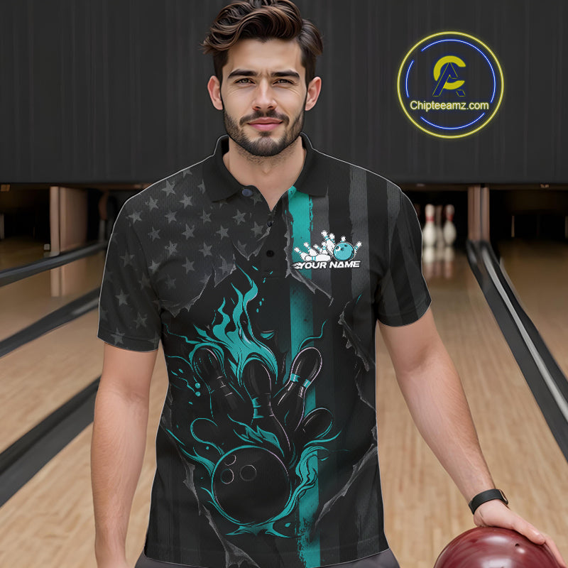 Custom Turquoise Blue Thin Line American Flag Patriotic Flame Bowling Team Men Polo Shirts IPHW10181