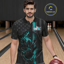 Load image into Gallery viewer, Custom Turquoise Blue Thin Line American Flag Patriotic Flame Bowling Team Men Polo Shirts IPHW10181