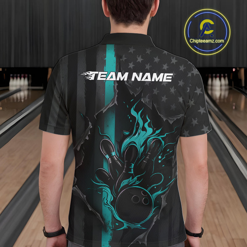 Custom Turquoise Blue Thin Line American Flag Patriotic Flame Bowling Team Men Polo Shirts IPHW10181
