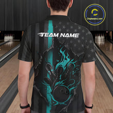 Load image into Gallery viewer, Custom Turquoise Blue Thin Line American Flag Patriotic Flame Bowling Team Men Polo Shirts IPHW10181