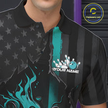 Load image into Gallery viewer, Custom Turquoise Blue Thin Line American Flag Patriotic Flame Bowling Team Men Polo Shirts IPHW10181