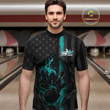 Load image into Gallery viewer, Custom Turquoise Blue Thin Line American Flag Patriotic Flame Bowling Team Men Quarter-Zip Shirt IPHW10181