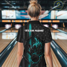 Load image into Gallery viewer, Custom Turquoise Blue Thin Line American Flag Patriotic Flame Women Bowling Team Shirts IPHW10181