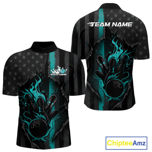 Custom Turquoise Blue Thin Line American Flag Patriotic Flame Bowling Team Men Quarter-Zip Shirt IPHW10181