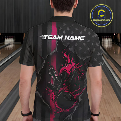 Custom Pink Thin Line American Flag Patriotic Flame Bowling Team Men Polo Shirts IPHW10182