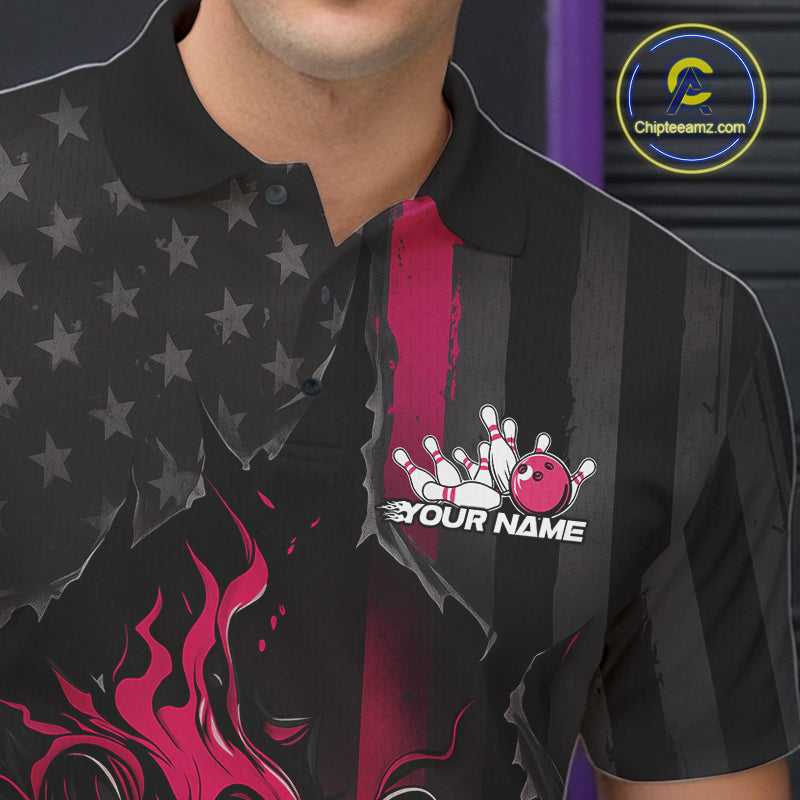 Custom Pink Thin Line American Flag Patriotic Flame Bowling Team Men Polo Shirts IPHW10182