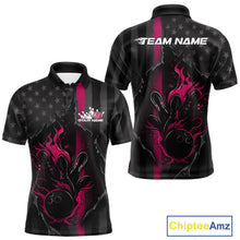 Load image into Gallery viewer, Custom Pink Thin Line American Flag Patriotic Flame Bowling Team Men Polo Shirts IPHW10182