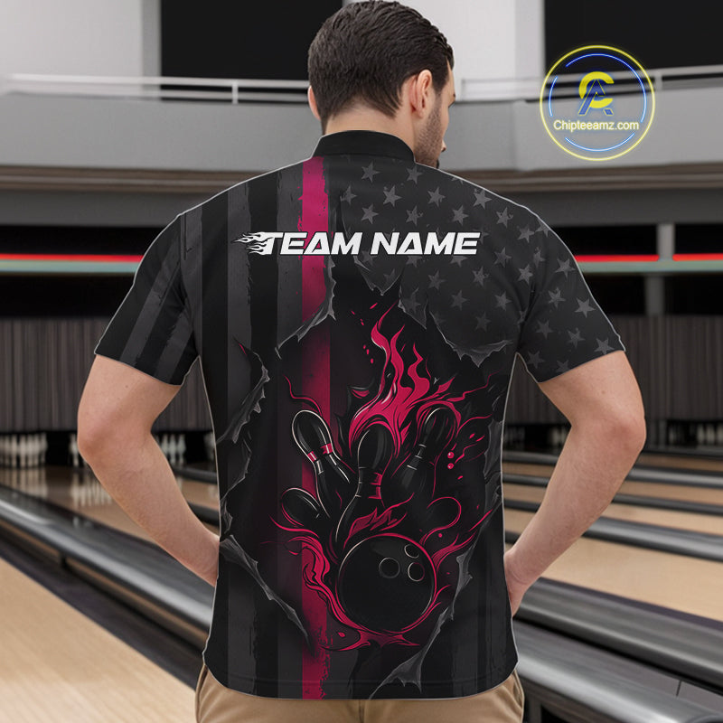 Custom Pink Thin Line American Flag Patriotic Flame Bowling Team Men Quarter-Zip Shirts IPHW10182