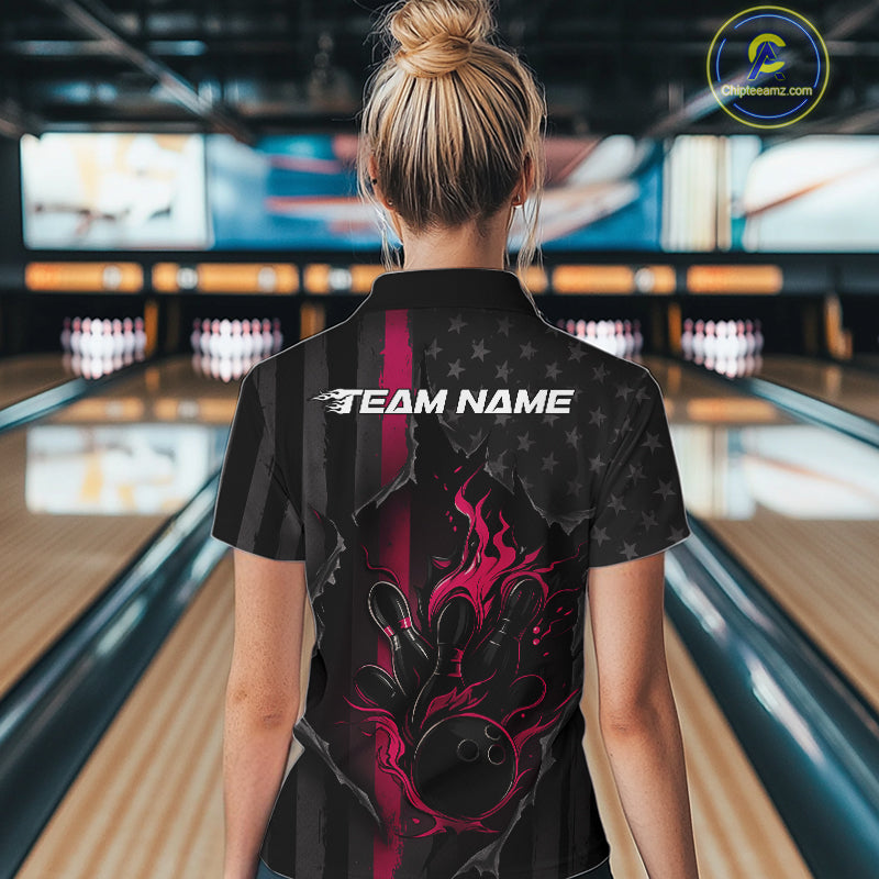 Custom Pink Thin Line American Flag Patriotic Flame Women Bowling Team Shirts IPHW10182