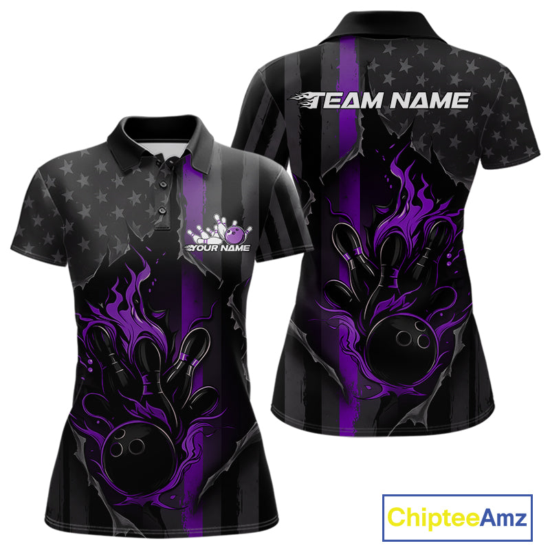 Custom Purple Thin Line American Flag Patriotic Flame Bowling Team Women Polo Shirts IPHW10183