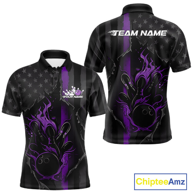Custom Purple Thin Line American Flag Patriotic Flame Bowling Team Men Polo Shirts IPHW10183