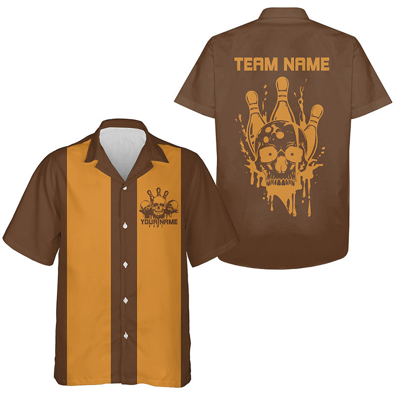 Custom Classic Brown Skull Bowling Hawaiian Shirts For Men And Women, Retro Bowling Team Shirt IPHW8290