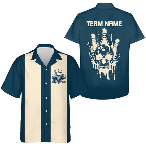 Custom Classic Blue Skull Bowling Hawaiian Shirts For Men And Women, Retro Bowling Team Shirt IPHW8294