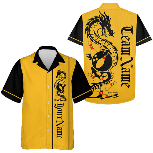 Custom Black And Yellow Dragon Bowling Hawaiian Shirts For Men And Women, Classic Retro Bowling Shirt IPHW8297