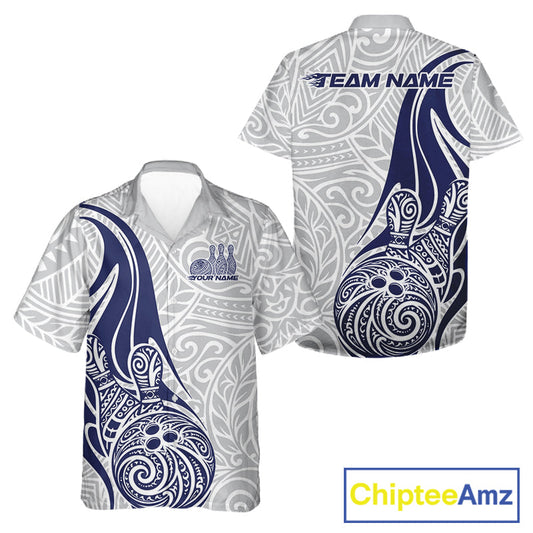 Custom Blue Polynesian Tribal Bowling Men And Women Hawaiian Shirt, Maori Style Bowling Shirt IPHW10338