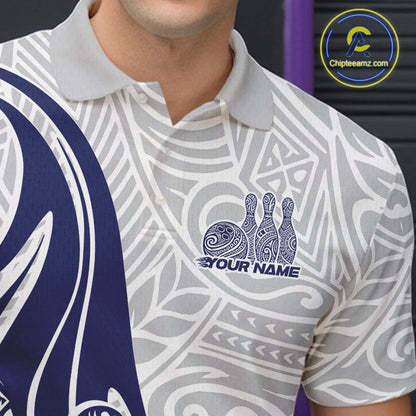 Custom Blue Polynesian Tribal Bowling Men Polo Shirt, Maori Style Bowling Shirt IPHW10338