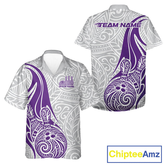 Custom Purple Polynesian Tribal Bowling Men And Women Hawaiian Shirt, Maori Style Bowling Shirt IPHW10339