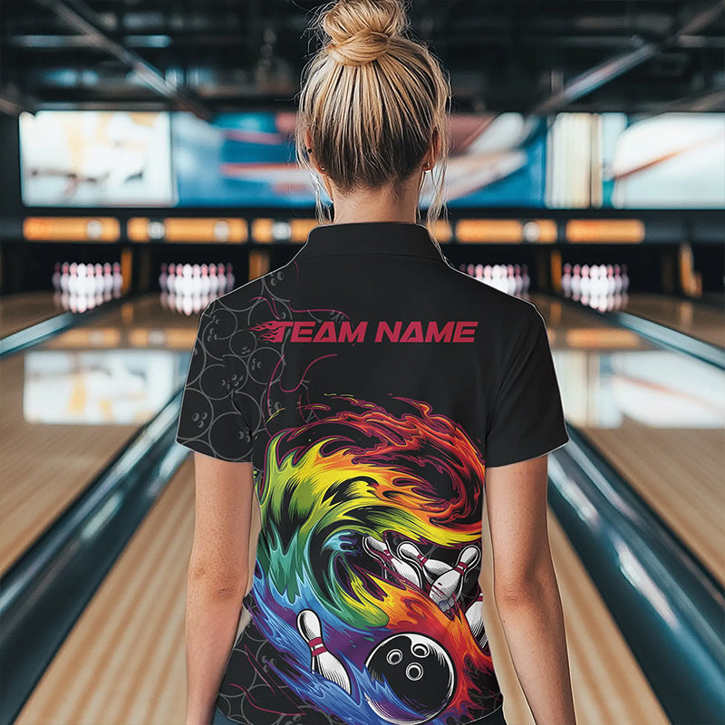 Custom Rainbow Flame Bowling Team Women Quarter-Zip Shirts, Colorful Bowling League Shirt IPHW8740