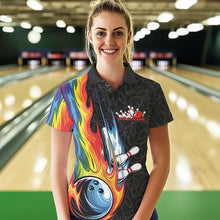 Load image into Gallery viewer, Custom Rainbow Flame Bowling Team Polo Shirts For Women, Colorful Bowling League Shirt IPHW8747