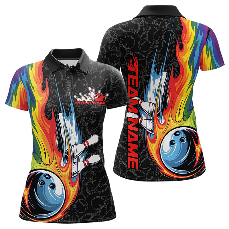 Custom Rainbow Flame Bowling Team Polo Shirts For Women, Colorful Bowling League Shirt IPHW8747