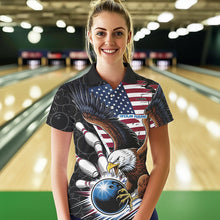 Load image into Gallery viewer, Custom American Flag Eagle Bowling Team Women Polo Shirt, Patriotic US Bowling League Shirt IPHW8752