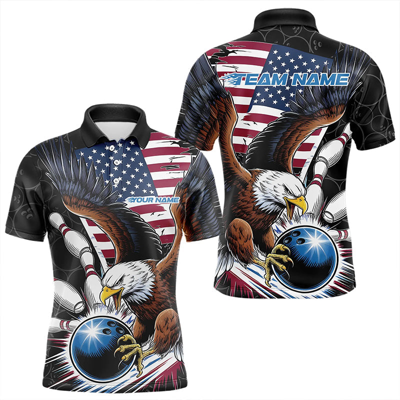 Custom American Flag Eagle Bowling Team Men Polo Shirts, Patriotic US Bowling League Shirt IPHW8752