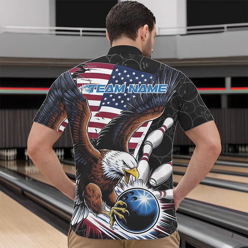 Custom American Flag Eagle Bowling Team Men Quarter-Zip Shirts, Patriotic US Bowling League Shirt IPHW8752