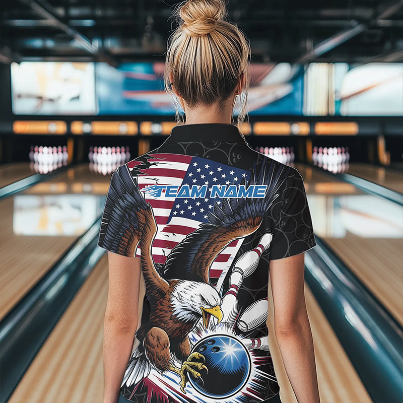 Custom American Flag Eagle Bowling Team Women Quarter-Zip Shirts, US Bowling League Shirt IPHW8752