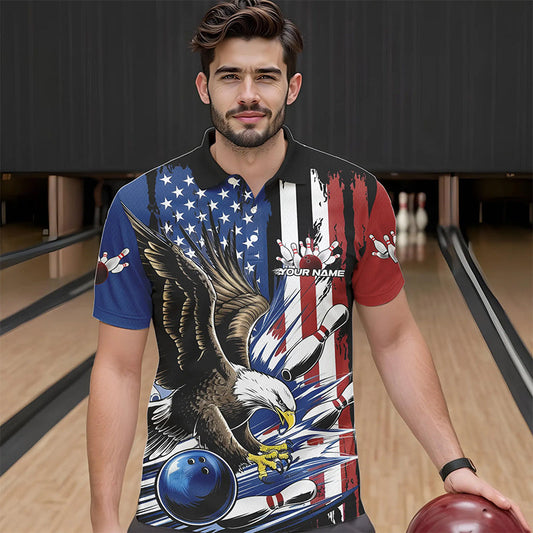 Custom American Flag Eagle Bowling Team Men Polo Shirts, Patriotic US Bowling League Shirt IPHW8753