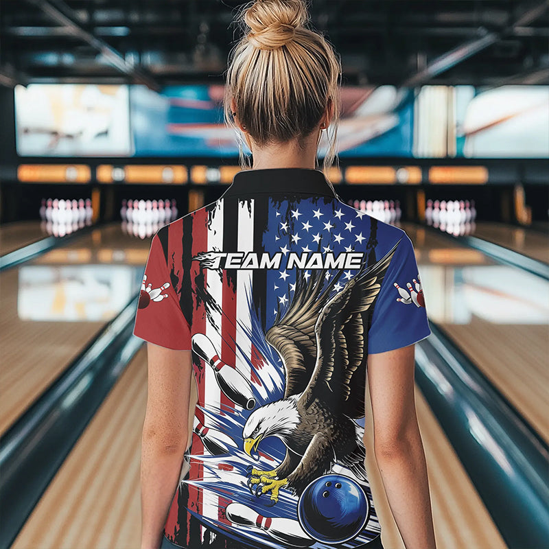 Custom American Flag Eagle Bowling Team Women Polo Shirt, Patriotic US Bowling League Shirt IPHW8753