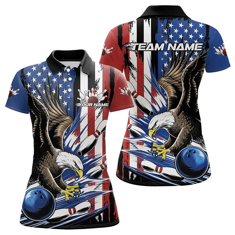 Custom American Flag Eagle Bowling Team Women Polo Shirt, Patriotic US Bowling League Shirt IPHW8753