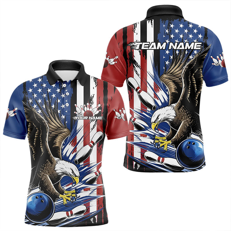 Custom American Flag Eagle Bowling Team Men Polo Shirts, Patriotic US Bowling League Shirt IPHW8753