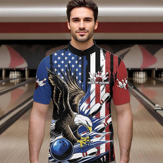 Custom American Flag Eagle Bowling Team Men Quarter-Zip Shirts, Patriotic US Bowling League Shirt IPHW8753
