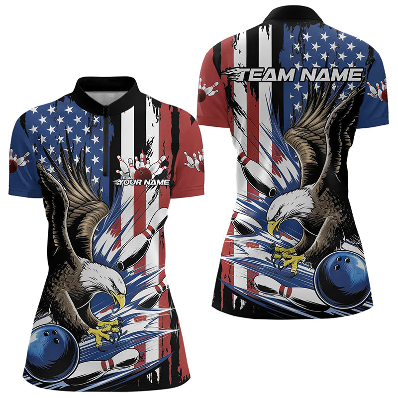 Custom American Flag Eagle Bowling Team Women Quarter-Zip Shirts, US Bowling League Shirt IPHW8753