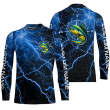 Load image into Gallery viewer, Black And Blue Thunder Lightning Mahi Mahi Fishing Custom Long Sleeve Saltwater Fishing Shirts IPHW6250