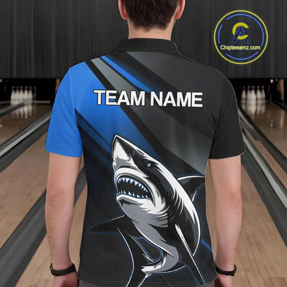 Custom Black And Blue Shark Bowling Jerseys, Bowling Team Uniform Shark Men Polo Shirts IPHW9000