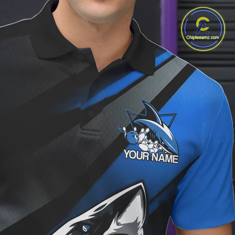 Custom Black And Blue Shark Bowling Jerseys, Bowling Team Uniform Shark Men Polo Shirts IPHW9000