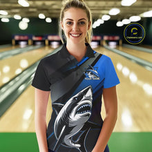 Load image into Gallery viewer, Custom Black And Blue Shark Bowling Jerseys, Bowling Team Uniform Shark Women Polo Shirts IPHW9000