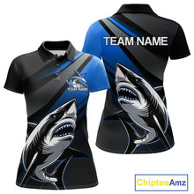 Load image into Gallery viewer, Custom Black And Blue Shark Bowling Jerseys, Bowling Team Uniform Shark Women Polo Shirts IPHW9000
