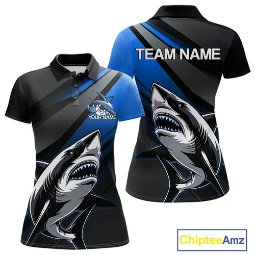 Custom Black And Blue Shark Bowling Jerseys, Bowling Team Uniform Shark Women Polo Shirts IPHW9000