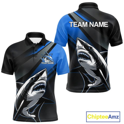 Custom Black And Blue Shark Bowling Jerseys, Bowling Team Uniform Shark Men Polo Shirts IPHW9000