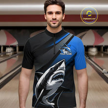 Load image into Gallery viewer, Custom Black And Blue Shark Bowling Jerseys, Bowling Team Uniform Shark Men Quarter-Zip Shirts IPHW9000