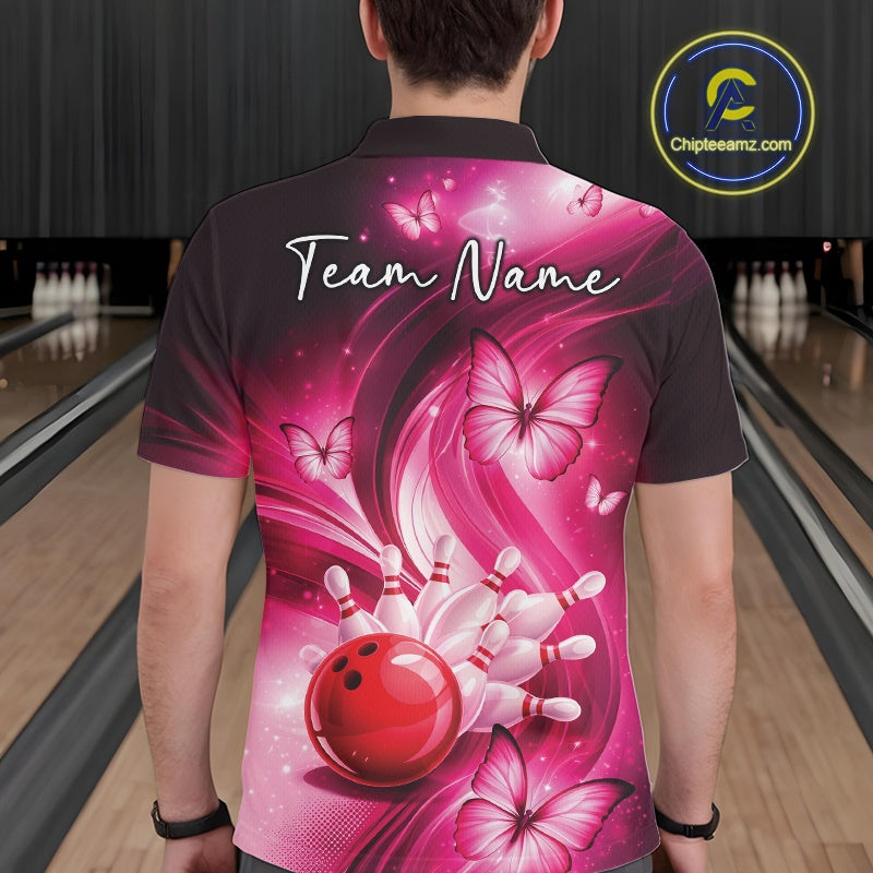 Back view of a pink bowling polo displaying a bowling ball, pins, and butterfly-inspired design.