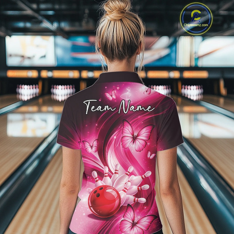 Back view of a pink bowling quarter-zip displaying butterfly-themed bowling graphics.