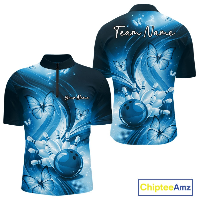 Front and back views of a mens blue bowling quarter-zip featuring a bowling strike scene with butterfly details.