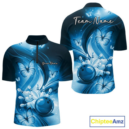 Front and back views of a mens blue bowling quarter-zip featuring a bowling strike scene with butterfly details.
