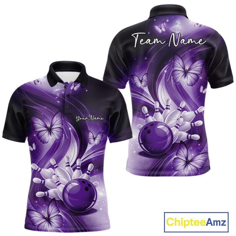 Front and back mens purple bowling polo mockup showcasing a bowling ball striking pins and decorative butterfly graphics.