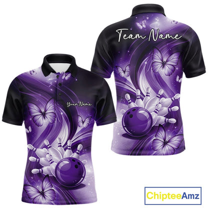 Front and back mens purple bowling polo mockup showcasing a bowling ball striking pins and decorative butterfly graphics.